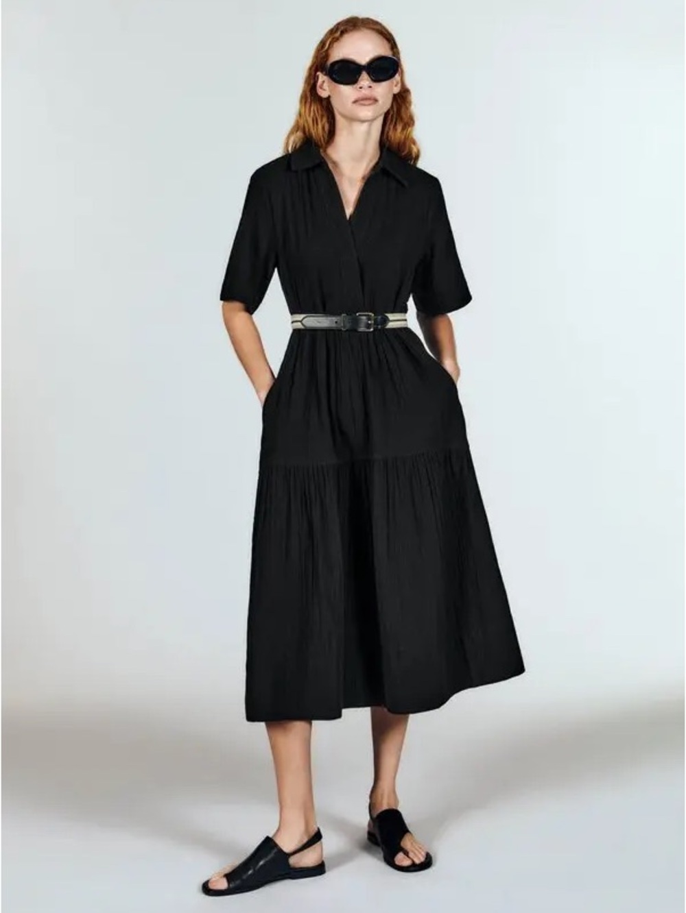 ME+EM Cheesecloth Gauzy Black Relaxed Midi Day Dress Size 8 US 12 UK 40 EU NWT